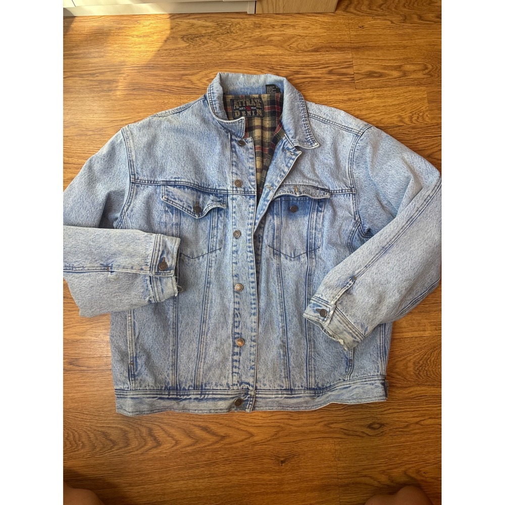 Vintage Attrak Men Denim Jacket XL Light Wash Plaid Blanket Lined Trucker/Chore